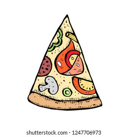 Pizza hand drawn vector illustration. Pizza slices in pieces of corners. Design template.