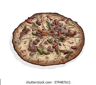 Pizza, a hand drawn vector illustration of a fully-detailed delicious pizza, main sketch, colors, and background shadow are on separate layers for easy editing.