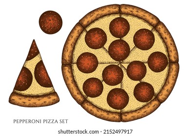 Pizza hand drawn vector illustrations collection. Colored pepperoni pizza.
