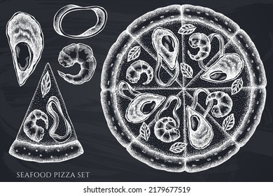 Pizza hand drawn vector illustrations collection. Chalk seafood pizza.