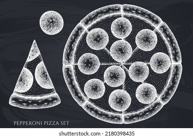 Pizza hand drawn vector illustrations collection. Chalk pepperoni pizza.