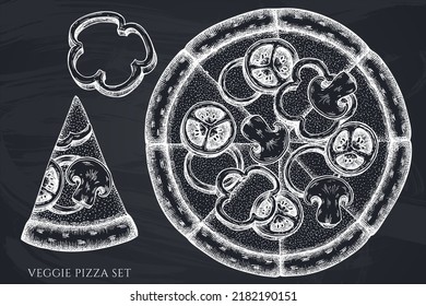 Pizza hand drawn vector illustrations collection. Chalk veggie pizza.
