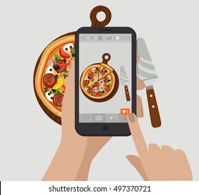 Pizza. Hand holding smartphone touching screen and taking food photography for social network. 
