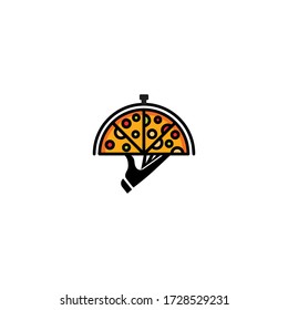 Pizza and hand logo template-Pizza cafe logo icon, pizza icon, emblem for fast food restaurant. Simple flat style pizza logo on white isolated background,Pizzeria Vector Emblem on blackboard.