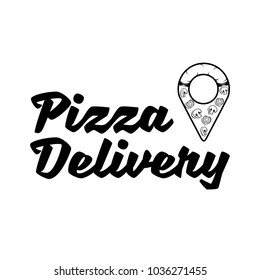 Pizza hand written lettering logo, label, badge with frame. Emblem for menu design, fast food restaurant, delivery service, pizzeria, cafe, bar. Isolated on grunge background. Vector illustration.