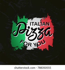 Pizza hand written lettering logo, label, badge with frame. Emblem for menu design, fast food restaurant, delivery service, pizzeria, cafe, bar. Isolated on grunge background. Vector illustration.
