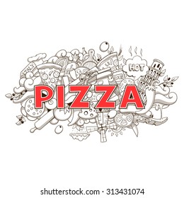 Pizza hand-drawing title design vector illustration, black and white, abstract, pizza
