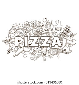 Pizza hand-drawing title design vector illustration, black and white, abstract, pizza