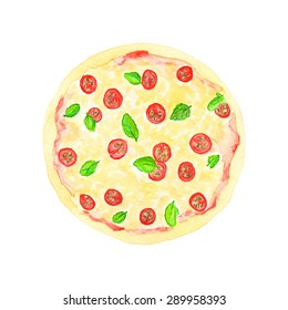 Pizza. Hand-drawn food. Real watercolor drawing. Vector illustration. Traced painting