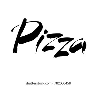 PIZZA hand-lettering calligraphy. Pizza hand drawn vector stock illustration. Modern brush ink. Isolated on white background.