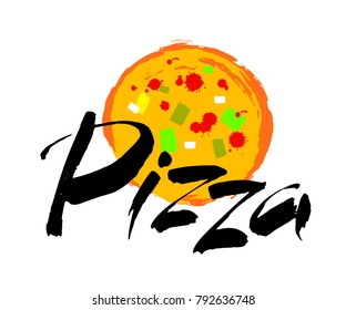 PIZZA hand-lettering calligraphy. Pizza hand drawn vector stock illustration. Modern brush ink. Isolated on white background.