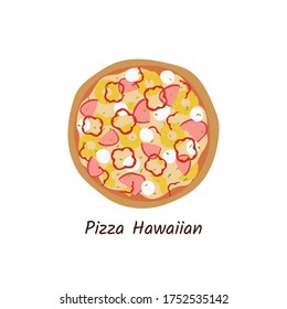 Pizza Hawaiian top view with ingredients. Italian tasty pizza with pineapples, ham, red papper and cheese. Flat style isolated on white background. Vector