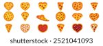 Pizza heart icons set. Collection of delicious pizzas with various toppings forming heart shapes, showcasing a passion for italian cuisine