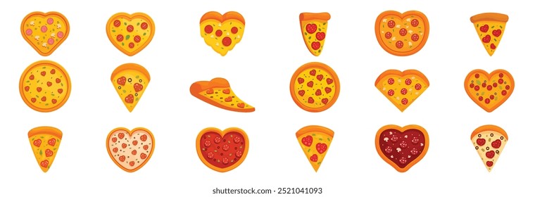 Pizza heart icons set. Collection of delicious pizzas with various toppings forming heart shapes, showcasing a passion for italian cuisine