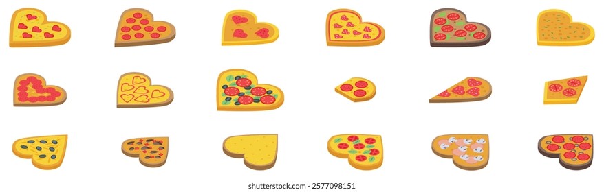 Pizza heart icons set. Collection of heart shaped pizzas showcasing diverse toppings, offering a romantic twist to traditional italian cuisine