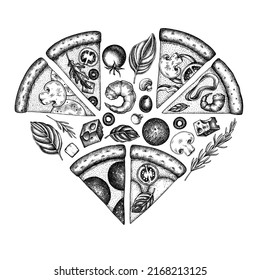 Pizza heart vintage design. Hand drawn greek, margherita, pepperoni, veggie, ham and mushrooms and seafood pizzas.