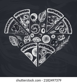 Pizza heart vintage design. Hand drawn greek, margherita, pepperoni, veggie, ham and mushrooms and seafood pizzas.