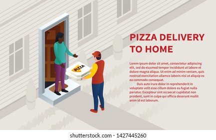 Pizza home delivery concept banner. Isometric illustration of pizza home delivery vector concept banner for web design