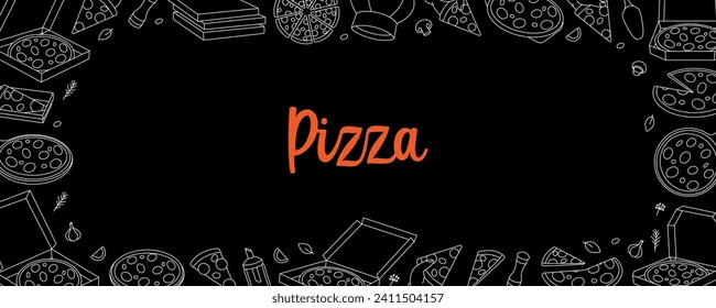 Banner horizontal de pizza. La comida rápida tradicional italiana. Menú de la cafetería del restaurante. Pizza italiana entera y en trozos. Ilustración vectorial.