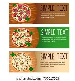 Pizza horizontal banners set with different ingredients and area for text on wooden table. Vector illustration.