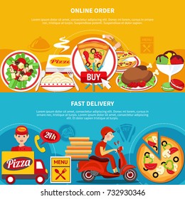 Pizza horizontal banners set with online ordering and home delivery service images with cartoon human characters vector illustration