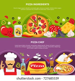 Pizza horizontal banners set with text and flat image compositions with pieces of various filler slices vector illustration