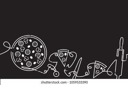 Pizza Horizontal Pattern. Backgraund with Continuous Drawing Pizzeria Elements isolated on Black.  Design Template. Chalkboard style. Vector illustration.