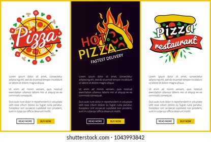 Pizza and hot pizza delivery, collection od pages with buttons, text and titles, logos and labels, vector illustration isolated on black and white