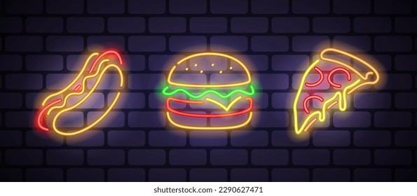 Pizza, hot dog and burger neon icons on dark brick background. Editable stroke and blend. Vector illustration.