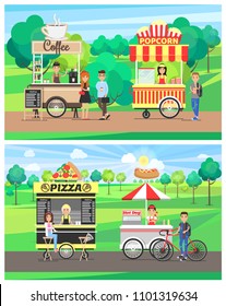 Pizza and hot dog vans, coffee popcorn cart, four street food wagons in green park, happy customers eating various snacks vector illustration set