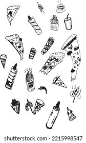 pizza, hot dogs coffee on a transparent background. decoration for fast food. food on a light background