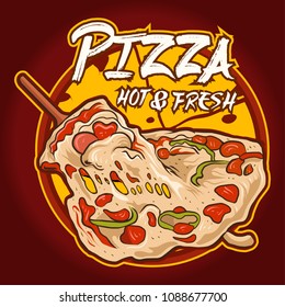 Pizza Hot & Fresh Logo Vector On Red Background