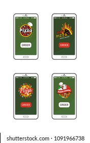 Pizza hot pizzeria collection, application for smartphone users allowing to order food quickly, chef image wearing hat isolated on vector illustration