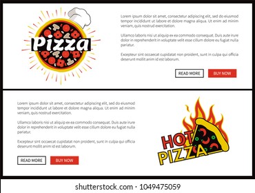 Pizza and hot pizza web set, collection of internet sites, with logos and emblems, of spicy food, text sample and letterings, vector illustration