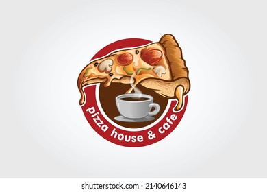 Caricatura Con Logo De Pizza House Y Cafe Vector. Símbolos de ilustración tazas de bebida caliente con pizza. Este logotipo es muy adecuado para cualquier pizza, bebida, café, comida rápida, entrega, bistró, restauración e italiano.