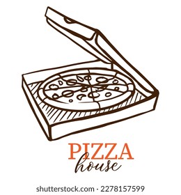 Pizza house doodle outline vector logo. Pizza in a box for delivery service, restaurant, dinner and italian menu. Graphic icon on white background. Pizzeria logo template.