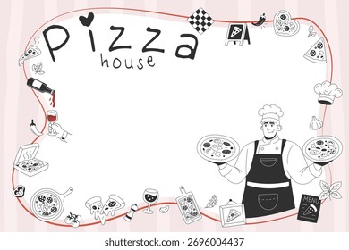 Marco del volante de la casa de la pizza con el chef y los garabatos de la frontera para las promociones