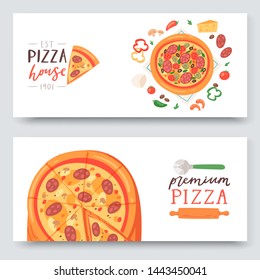 Pizza house with ingredients and different types of pizza slices set of banners vector illustration. Premium pie with sausage, cheese, vegetable, seafood and mashrooms. Eating out.