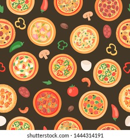 Pizza house with ingredients and different types seamless pattern vector illustration. Premium pie with sausage, cheese, vegetable, seafood and mashrooms. Tasty fast food.