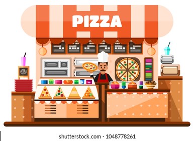 Pizza house interior with italian pizzaiolo holding hot pizza and standing behind of desks counter with pizza making equipment, menu and goodies. Flat Vector Illustration