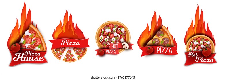 Colección del logo de la casa Pizza aislada en blanco con llamas de fuego rojas, pizzas, setas, tomates. Etiqueta de cocina italiana con un estilo realista, con cinta, peroni, margherita. Iconos de pizzería