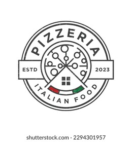 Pizza house logo and italian flag color vector vintage style .Label Stamp Badge emblem Logo design vector. tasty pizza home label icon concept logo template