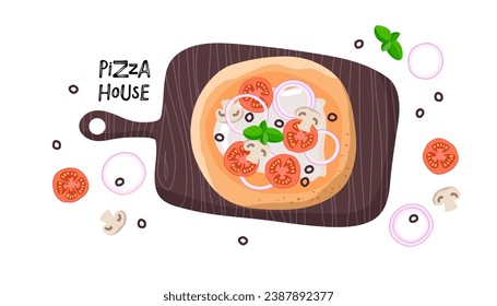 Pizza House logo. Serving pizza on board and ingredients tomato, onion, mushroom, mozzarella, basil. Pizza cartoon flat vector illustration. Traditional italian dish. Colorful Restaurant Nutrition.