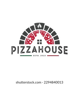 Pizza house logo vector with vintage style. tasty red pizza home made label icon concept logo template.