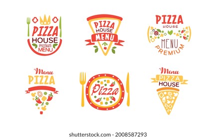 Pizza House Menu Logo Design Set, Pizzeria, Restaurant, Delivery Service Labels Cartoon Vector Illustration