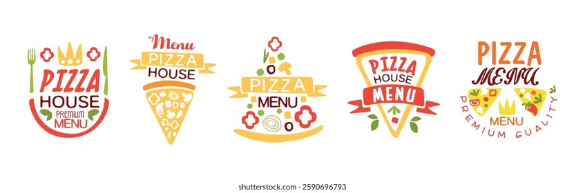 Pizza House Menu Logo Design for Pizzeria and Restaurant Vector Set