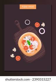 Pizza House menu template with pizza on cutting board. Food sketch, hand drawn lettering for cover, brochure. Special pizza restaurant cafe menu design. Flat vector illustration on brown background