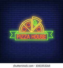 Pizza house neon sign. Half pizza circle with scroll. Night bright advertisement. Vector illustration in neon style for Italian food and night food cafe