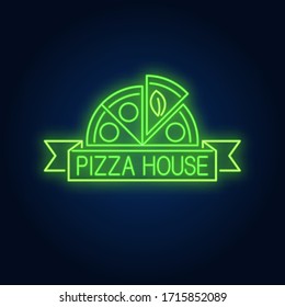 Pizza house neon sign. Half pizza circle with scroll. Night bright advertisement. Vector illustration in neon style for Italian food and night food cafe