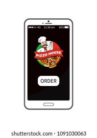 Pizza house order mobile screen, smartphone and application showing chef holding baked food with tomatoes, peppers isolated on vector illustration